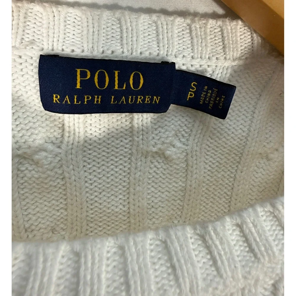 Polo Ralph Lauren White Cable Knit Cotton Sweater Crew Neck Navy Pony Small SP